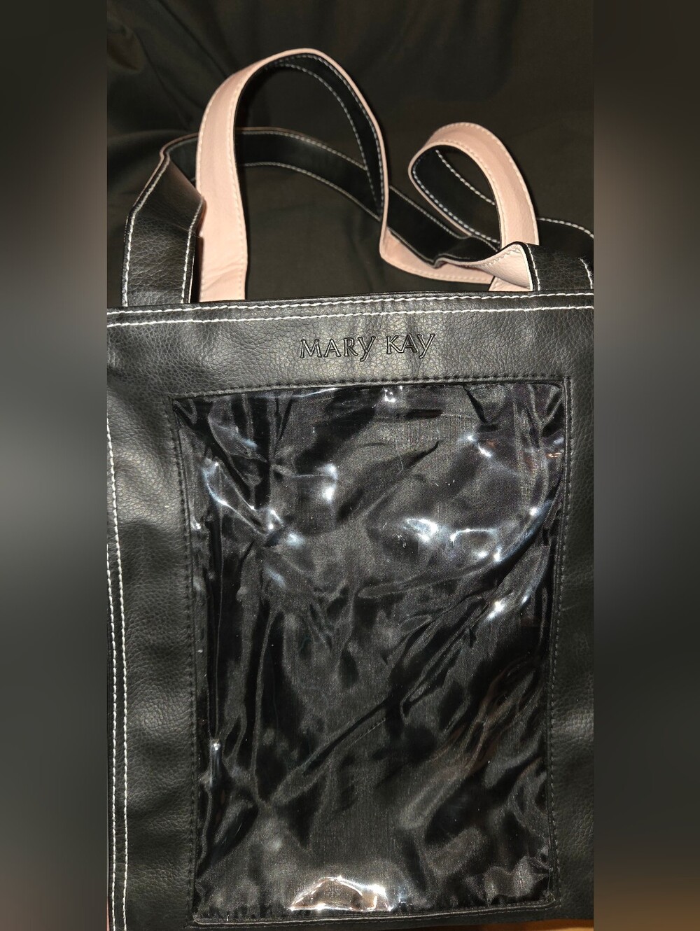 Mary Kay Black and Pink Faux Leather Tote Bag with a Clear Display Window on frt